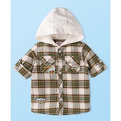 Babyhug Cotton Woven Full Sleeves Checkered Shirt with Hood - Olive Green