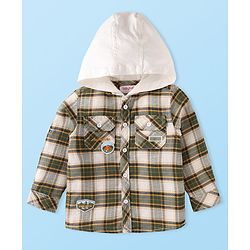 Babyhug Cotton Woven Full Sleeves Checkered Shirt with Hood - Olive Green