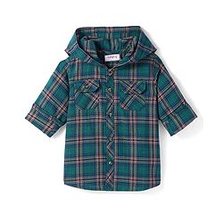 Babyhug Cotton Woven Full Sleeves Checkered Hooded Shirt - Dark Green