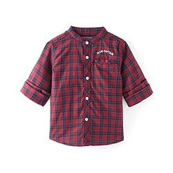Babyhug Cotton Woven Full Sleeves Mandarin Collared Checks Shirt - Red