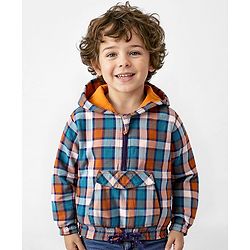Babyhug Cotton Woven Full Sleeves Checkered Hooded Sweatshirt With Kangaroo Pockets - Orange