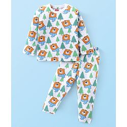 Babyhug Cotton Knit  Full Sleeves Night Suit with Bear & Tree Print - Light Grey