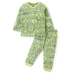 Babyhug Cotton Knit Full Sleeves Printed Night Suit - Light Green