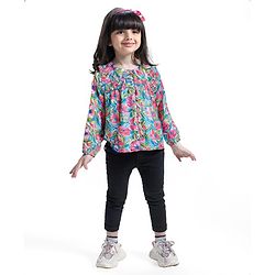 Babyhug Rayon Woven Full Sleeves Peter Pan Collar  Top with Floral Print -Pink & Blue