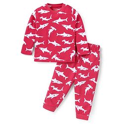 Babyhug Cotton Knit Full Sleeves Shark Printed Night Suit - Red