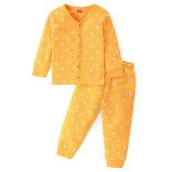 Babyhug Full Sleeves Front Open Thermal Vest & Leggings with Floral Print - Yellow