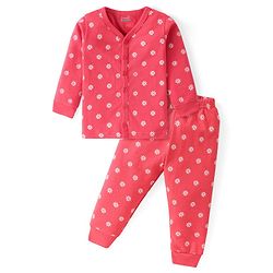 Babyhug Full Sleeves Front Open Thermal Wear Vest & Pant with Floral Print - Pink