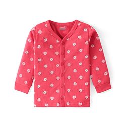 Babyhug Full Sleeves Front Open Thermal Wear Vest & Pant with Floral Print - Pink