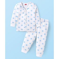 Babyhug Full Sleeves Front Open Thermal Wear Vest & Pant with Star Print - White