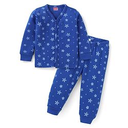 Babyhug Full Sleeves Front Open Thermal Wear Vest & Pant with Star Print - Blue