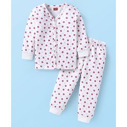 Babyhug Full Sleeves Front Open Thermal Vest & Legging Set with Floral Print - White