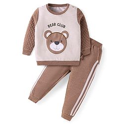 Babyhug Terry Knit Full Sleeves Sweatshirt & Joggers Set with Bear Patch Detailing - Brown