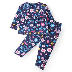 Babyhug Cotton Knit Full Sleeves Peter Pan Collared Night Suit With Floral Print - Navy