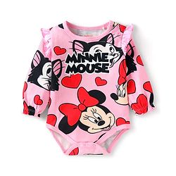 Babyhug Disney Interlock Knit Full Sleeves Onesie with Minnie Mouse Graphics & Frill Detailing - Pink