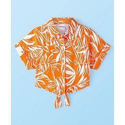 Babyhug Rayon Woven Front Open Half Sleeves Top with Knot Detailing & Abstract Print - Orange