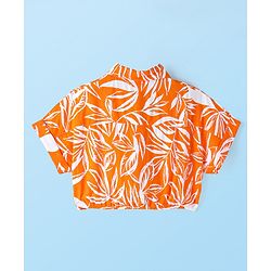 Babyhug Rayon Woven Front Open Half Sleeves Top with Knot Detailing & Abstract Print - Orange