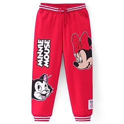 Babyhug Disney Cotton Knit Full Length Lounge Pant with Minnie Mouse Print and Badge Detailing- Red
