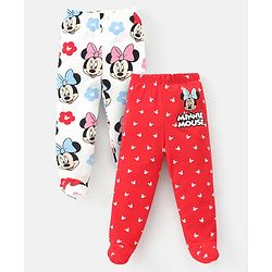 Babyhug Disney Cottton Knit Footed Diaper Leggings With Minnie Mouse Graphics Pack Of 2 - Red & White