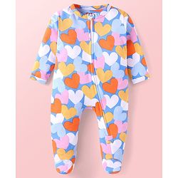Babyhug Cotton Knit Full Sleeves Sleep Suit With Heart Print - Light Blue
