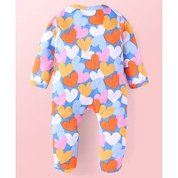 Babyhug Cotton Knit Full Sleeves Sleep Suit With Heart Print - Light Blue