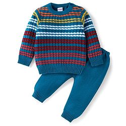 Babyhug Knitted Full Sleeves Striped Pullover Sweater - Royal Blue & Red