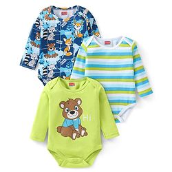 Babyhug 100% Cotton Knit Full Sleeves Onesies Bear Print Pack of 3- Navy & Green
