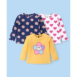 Babyhug Cotton Knit Full Sleeves T-Shirts with Floral & Heart Print Pack of 3 - White Yellow & Navy Blue