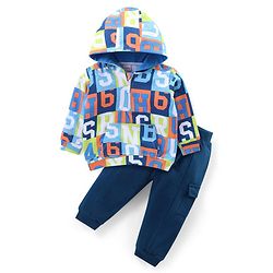 Babyhug Terry Knit Full Sleeves Hooded T-Shirt & Lounge Pants Set With Kangaroo Pocket & Alphabets Print - Blue