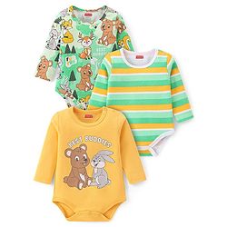 Babyhug 100% Cotton Knit Full Sleeves Onesies with Striped & Animal Print Pack of 3 - Yellow & Green