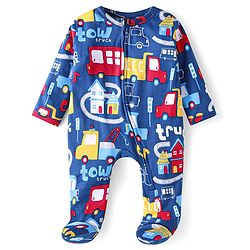 Babyhug Cotton Knit Full Sleeves Footed Sleep Suit With Vehicle Print - Blue
