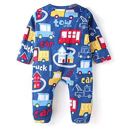 Babyhug Cotton Knit Full Sleeves Footed Sleep Suit With Vehicle Print - Blue