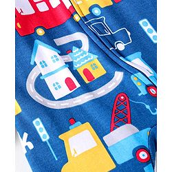 Babyhug Cotton Knit Full Sleeves Footed Sleep Suit With Vehicle Print - Blue