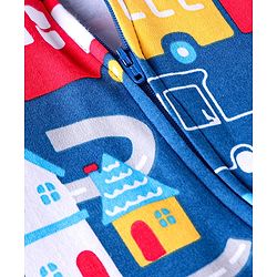 Babyhug Cotton Knit Full Sleeves Footed Sleep Suit With Vehicle Print - Blue