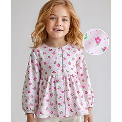 Bayhug Cotton Knit Full Sleeves Front Open Top with Lace Detailing & Floral Print - White