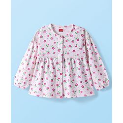 Bayhug Cotton Knit Full Sleeves Front Open Top with Lace Detailing & Floral Print - White