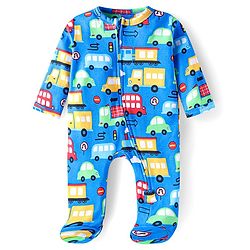 Babyhug Cotton Knit Full Sleeves Footed Sleep Suit With Vehicle Print - Blue