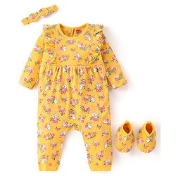 Babyhug 100 % Cotton Full Sleeves Romper with Hairband Booties Frill Detailing & Floral Print - Yellow