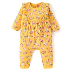 Babyhug 100 % Cotton Full Sleeves Romper with Hairband Booties Frill Detailing & Floral Print - Yellow