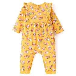 Babyhug 100 % Cotton Full Sleeves Romper with Hairband Booties Frill Detailing & Floral Print - Yellow