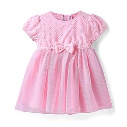 Babyhug Mesh Woven Half Puffed Sleeves Glitter Printed Frock with Bow Applique - Pink