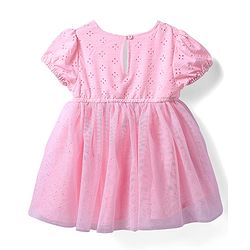 Babyhug Mesh Woven Half Puffed Sleeves Glitter Printed Frock with Bow Applique - Pink