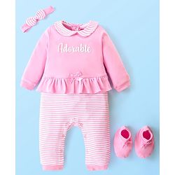 Babyhug 100 % Cotton Full Sleeves Striped Romper with Hairband Booties Frill Detailing & Text Print - Pink