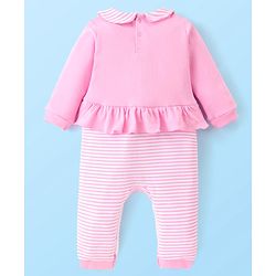 Babyhug 100 % Cotton Full Sleeves Striped Romper with Hairband Booties Frill Detailing & Text Print - Pink