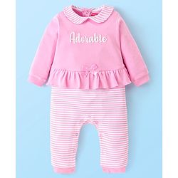 Babyhug 100 % Cotton Full Sleeves Striped Romper with Hairband Booties Frill Detailing & Text Print - Pink