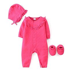 Babyhug Winter Polyfill Full Sleeves Romper with Cap & Booties Frill Detailing - Pink