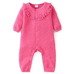 Babyhug Winter Polyfill Full Sleeves Romper with Cap & Booties Frill Detailing - Pink