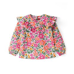 Babyhug Cotton Knit Full Sleeves Top Florl Print & Frill Detailing - White  Pink & Green