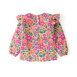 Babyhug Cotton Knit Full Sleeves Top Florl Print & Frill Detailing - White  Pink & Green