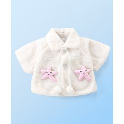 Babyhug Fur Woven Half Sleeves Winter Jacket with Star Applique - White