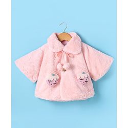 Babyhug Fur Woven Half Sleeves Winter Jacket with Strawberry Applique - Baby Pink